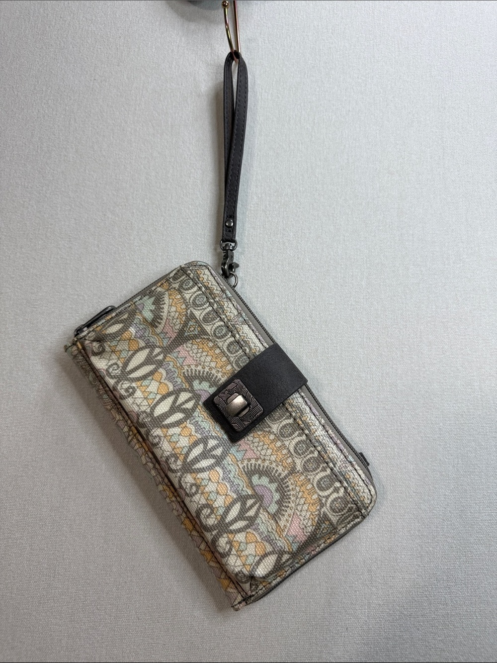 Sakroots Multicolor Pastel Pattern Wristlet with Gray Strap